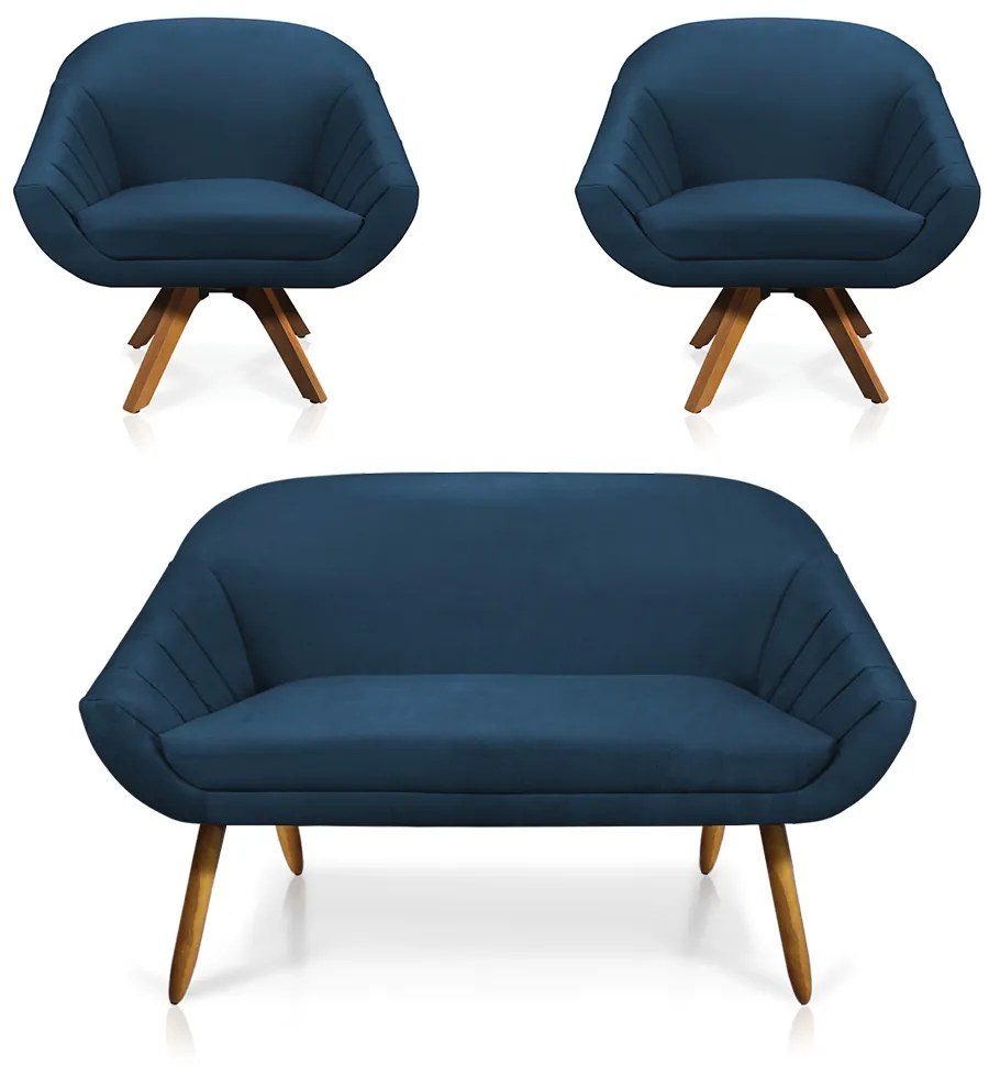 Kit 01 Namoradeira 02 Lugares e 02 Poltronas Giratória Giovana Suede Azul Marinho Base Madeira MM30 - D'Rossi