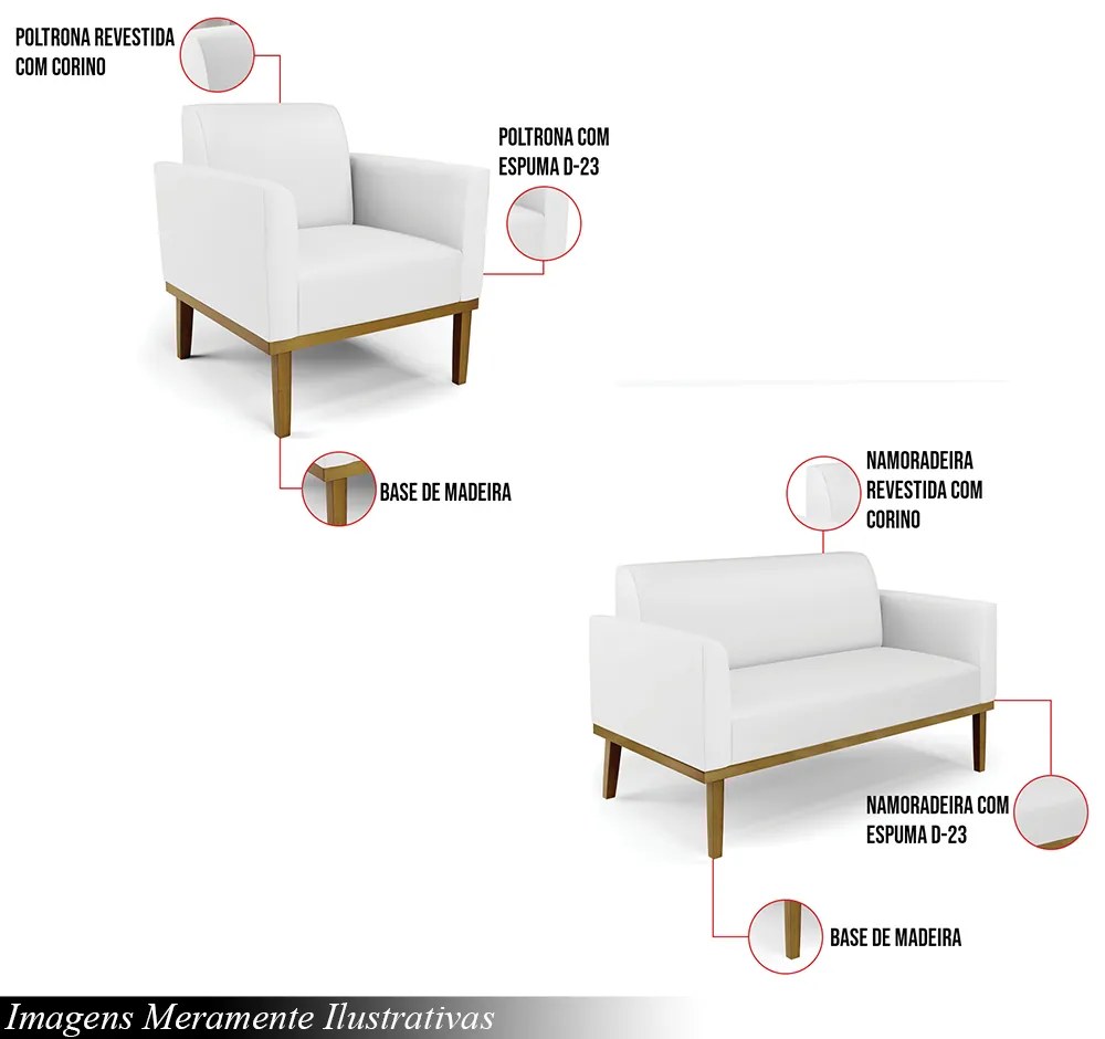 Conjunto 2 Poltronas e 1 Namoradeira Decorativa Isabella Pés Fixo em Madeira Castanho PU Branco G19 - Gran Belo