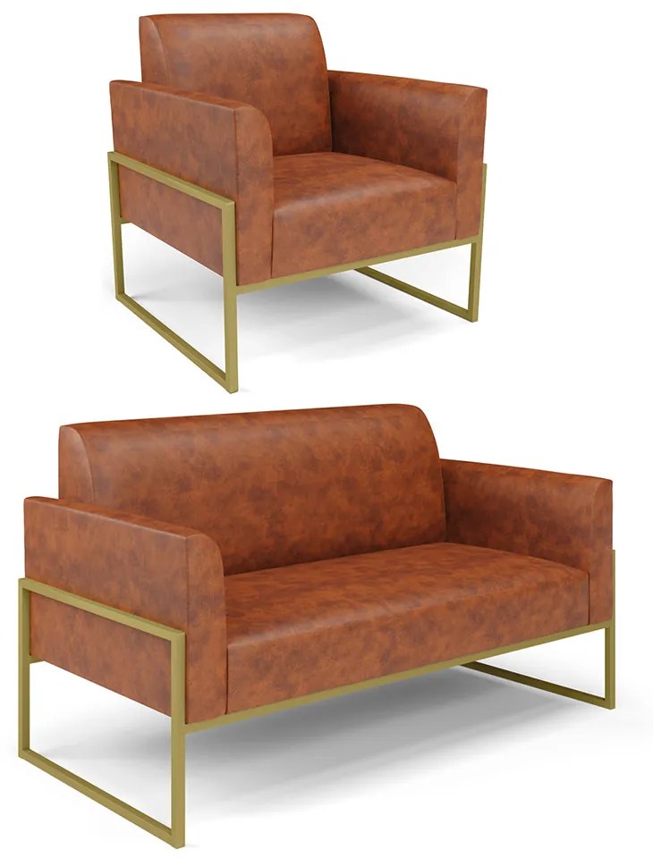 Sofá Namoradeira com Poltrona Base Industrial Alta Dourado Marisa Corano D03 - D'Rossi - Nozes