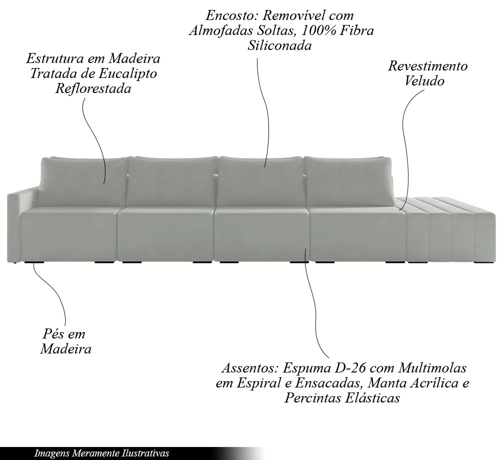 Sofá Ilha Modulado Milos 432cm Puff Lateral Veludo Cinza G33 - Gran Belo