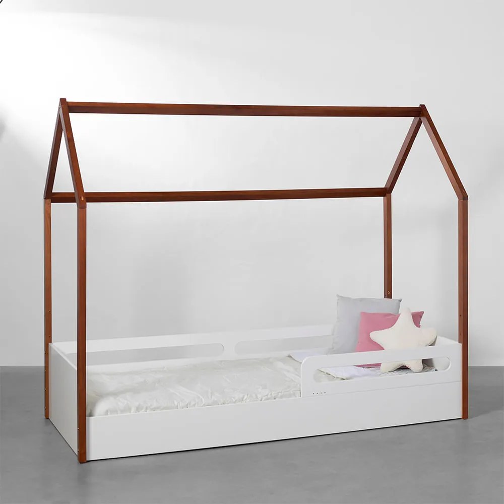 Cama Montessoriana Tivoli com Casinha e Grades de proteção com Cama Auxiliar - Branco e Mel