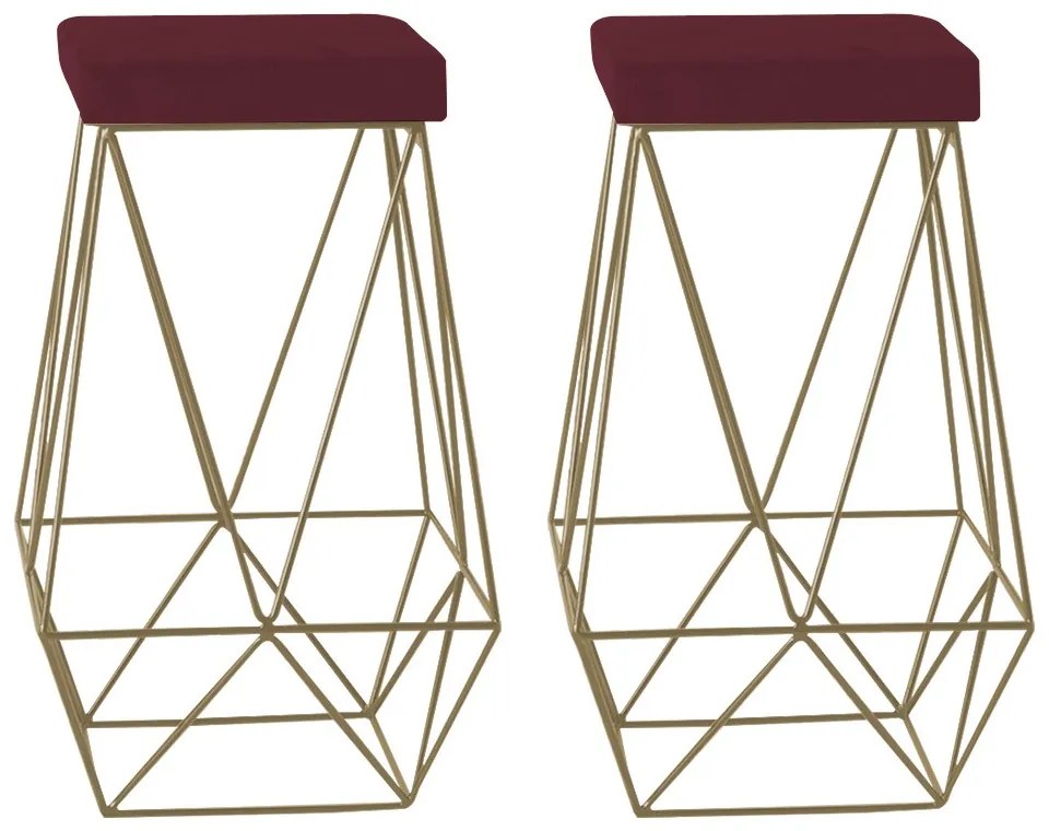 Kit 2 Banqueta Decorativa Kathy Base Gold Suede Bordô G41 - Gran Belo