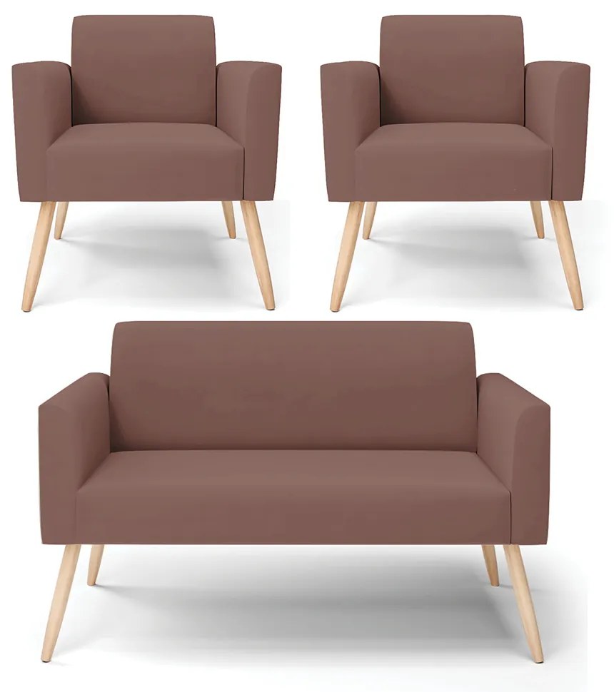 Sofá Namoradeira com 2 Poltronas Pés Palito Natural Marisa Veludo D03 - D'Rossi  - Rose