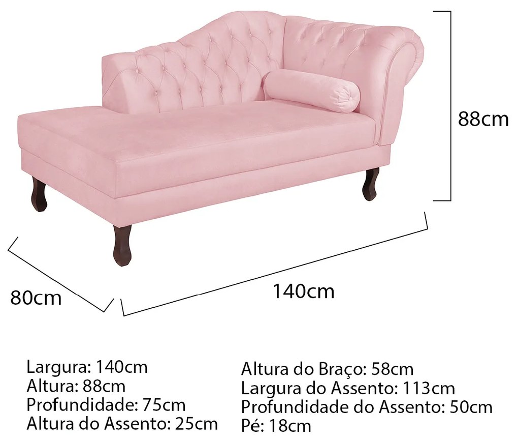 Recamier Diana 140cm Lado Esquerdo Suede Rosa Bebê - ADJ Decor