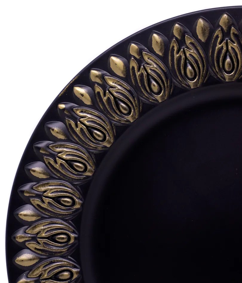 Sousplat Para Prato De Mesa Decorativo Preto Com Flores Em Dourado 33 cm - D'Rossi
