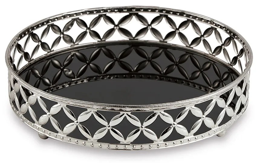 Bandeja Decorativa Redonda Em Metal Prata Com Espelho Preto 5x24,5 Cm - D'Rossi