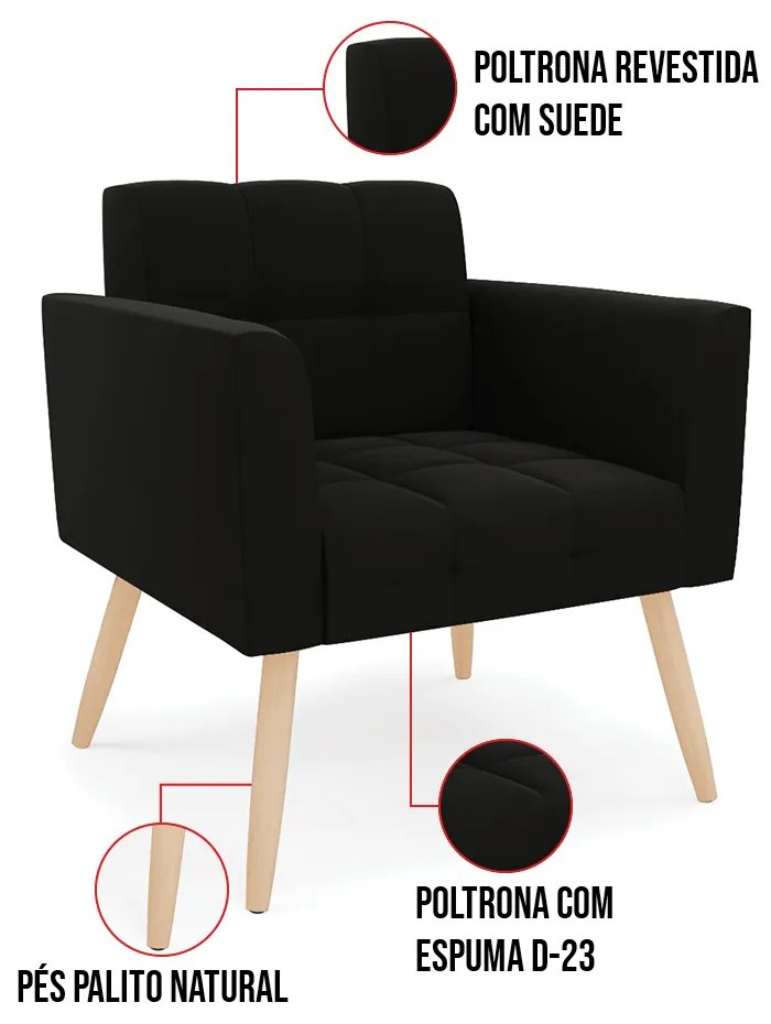 Kit 1 Sofá Namoradeira e 1 Poltrona Elisa Suede Pés Palito Natural D03 - D'Rossi - Preto