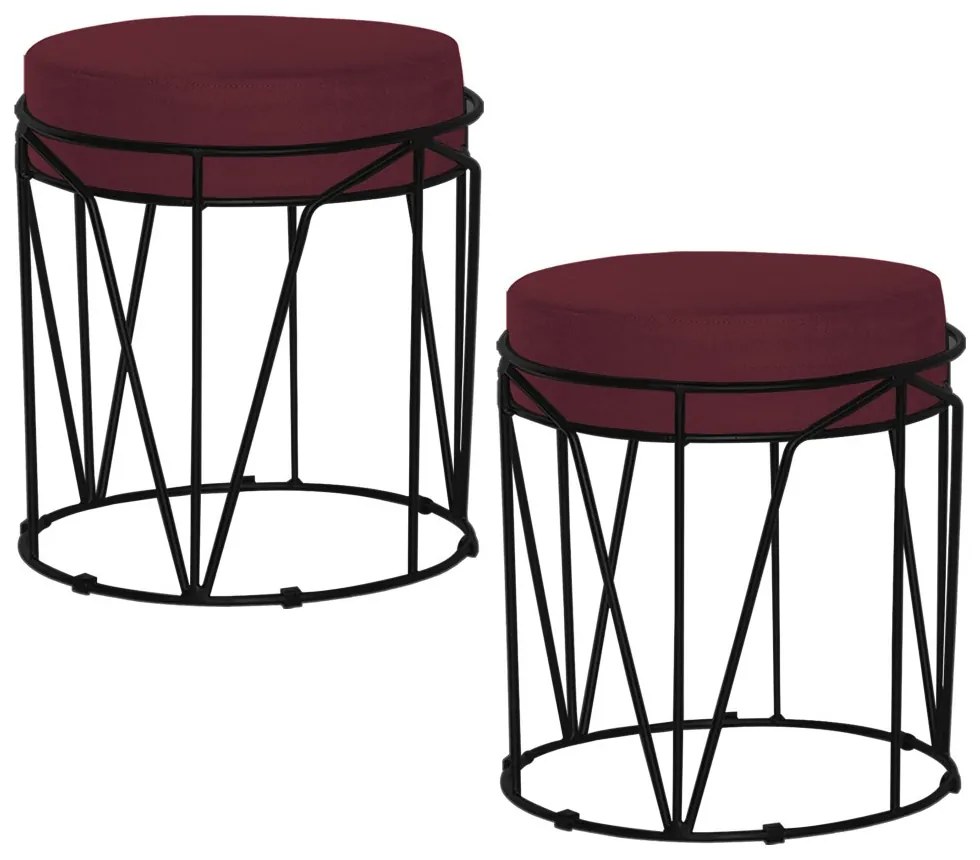 Kit 2 Puffs Decorativo Sala de Estar Base Preto Chloe Suede Bordô G41 - Gran Belo