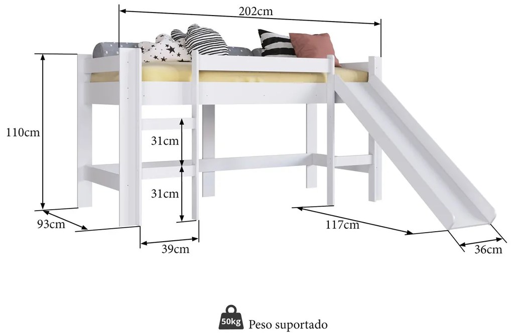 Cama Infantil Elevada com Escorregador Playground Branco