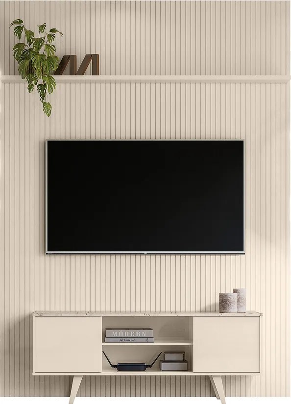 Painel TV 65 Pol 179cm Ripado Valen e Rack Bancada Korelli M20 - D'Rossi - Calacata(brilho)/Off White(brilho)
