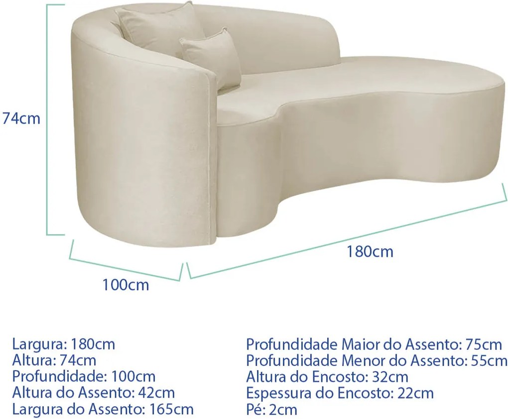 Kit Recamier Curvo Sala de Estar Inglaterra 180cm Lado Direito e 2 Poltronas Orgânica Luxo Amore Bouclé
