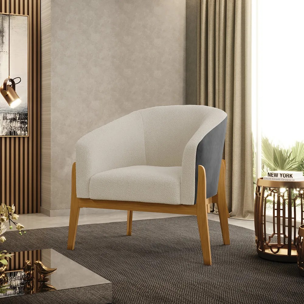 Poltrona Decorativa Base Madeira Stella PU Preto/Bouclê D03 - D'Rossi - Bege