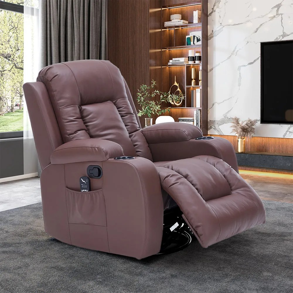 Cadeira com Massagem Poltrona do Papai Giratória Reclinável Manual Austin Aquecimento PU Marrom Chocolate G94 - Gran Belo