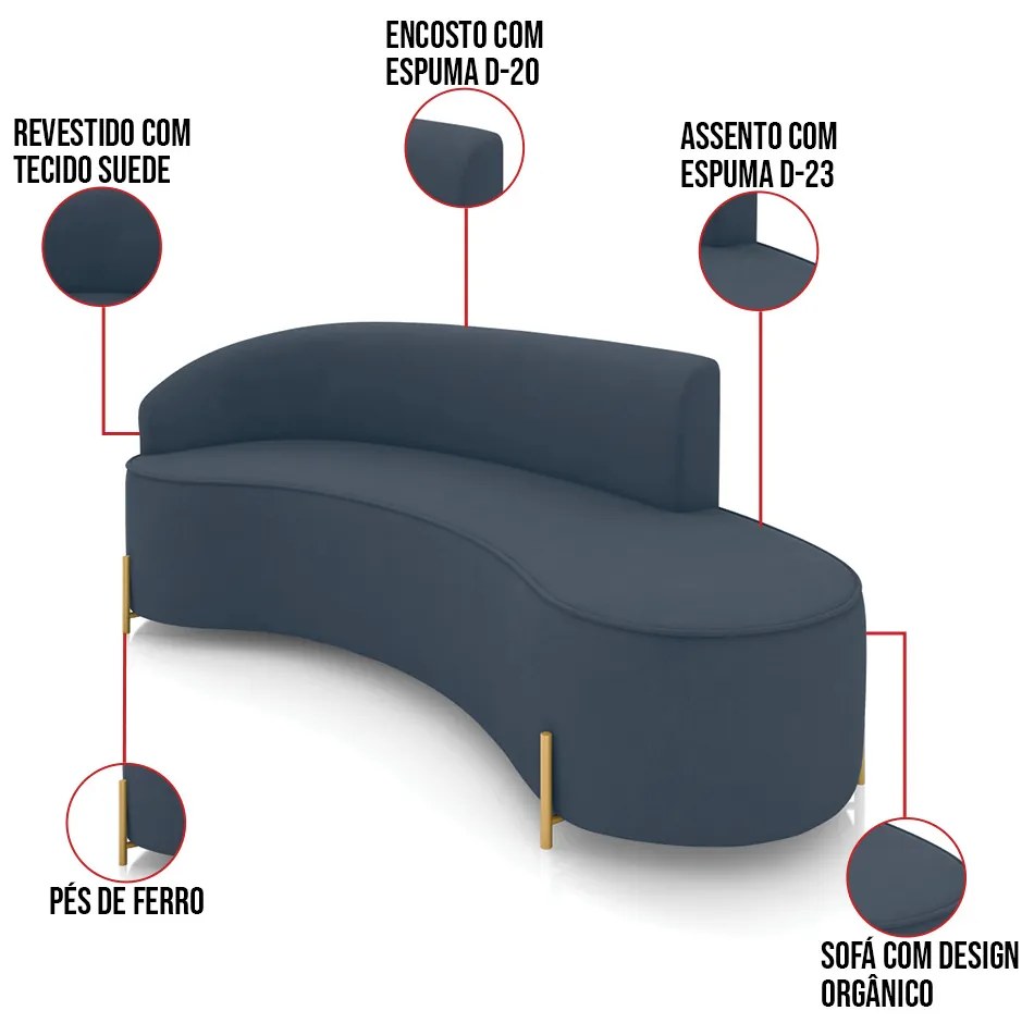 Sofá 4 Lugares Orgânico 220cm Pé Dourado Morgan Suede D03 - D'Rossi - Azul Marinho