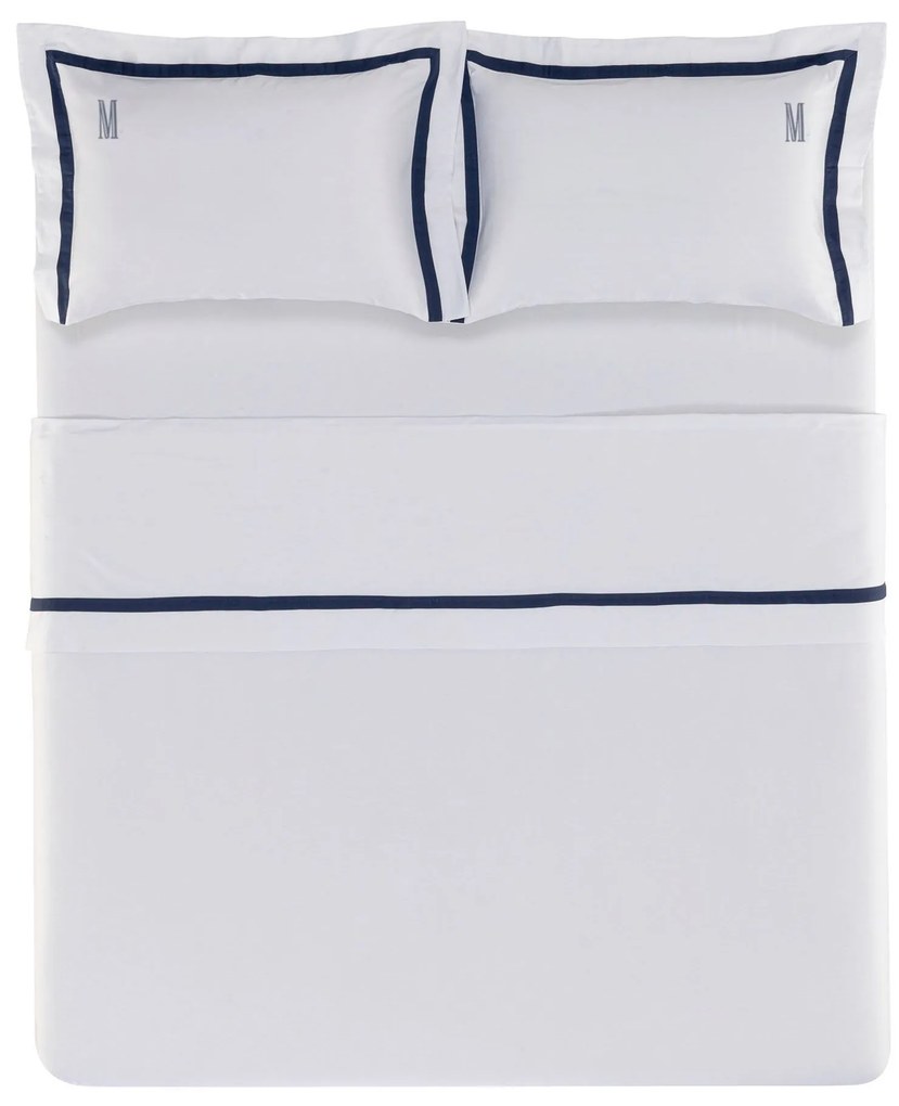 Jogo de Cama Trussardi Cetim 300 Fios Vercelli Branco e Azul Siciliano - Queen  Queen
