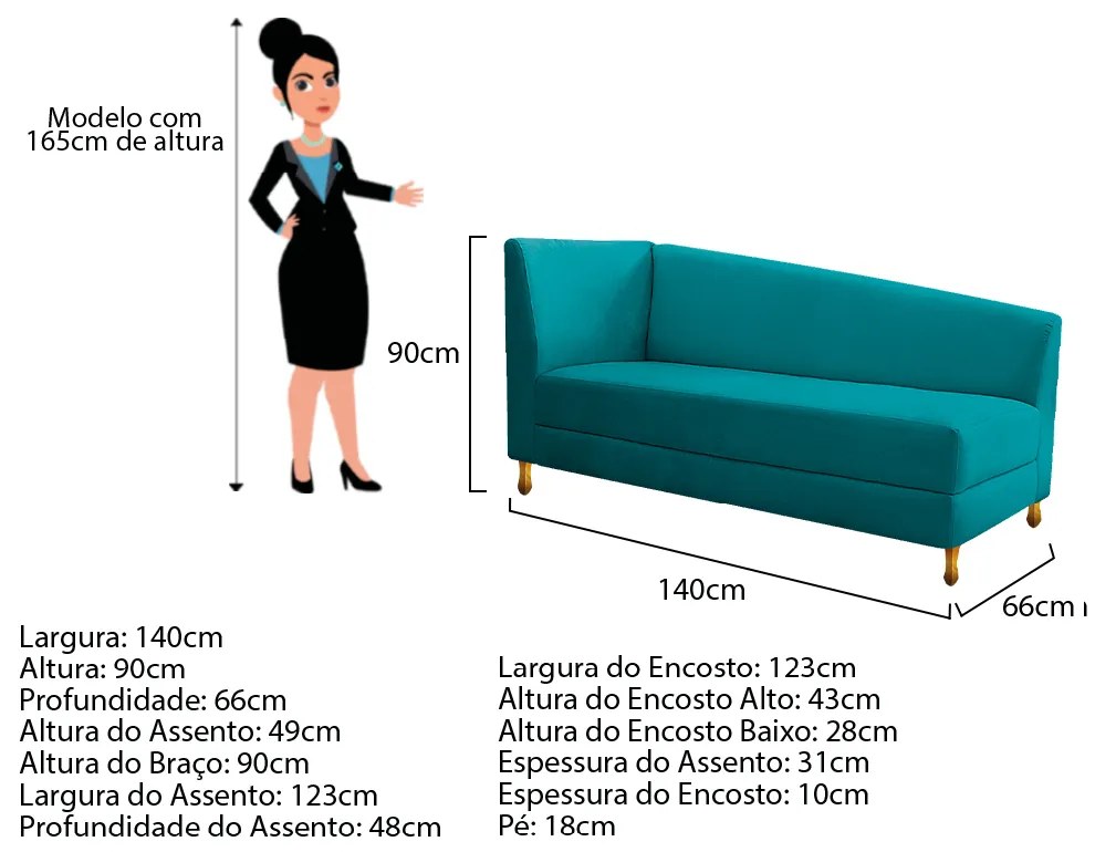 Recamier Valéria 140cm Lado Direito Suede Azul Turquesa - ADJ Decor