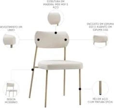 Cadeira Jantar Estofada Pé Metal Rosê Kit 4 Lavy Linho Bege S08 - Mpoz