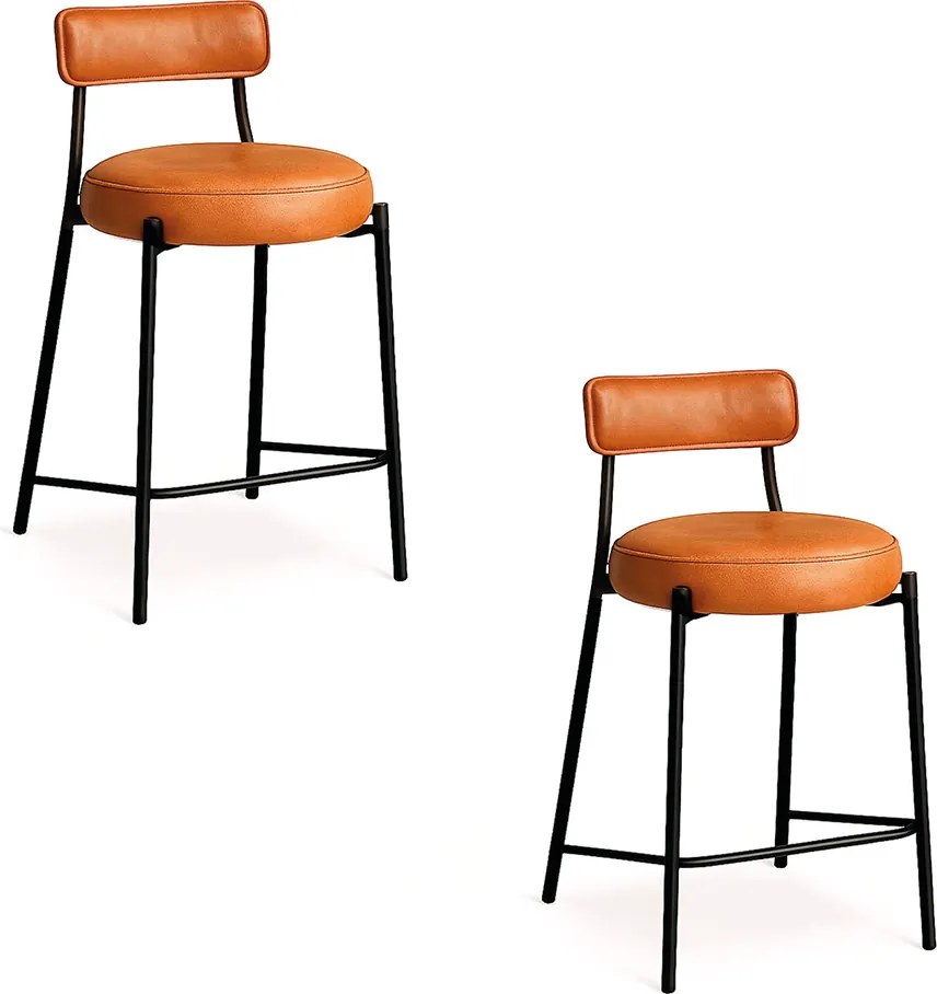 Banqueta Cozinha Alta com Encosto Industrial Preto Kit 2 Londres PU D03 - D'Rossi - Caramelo