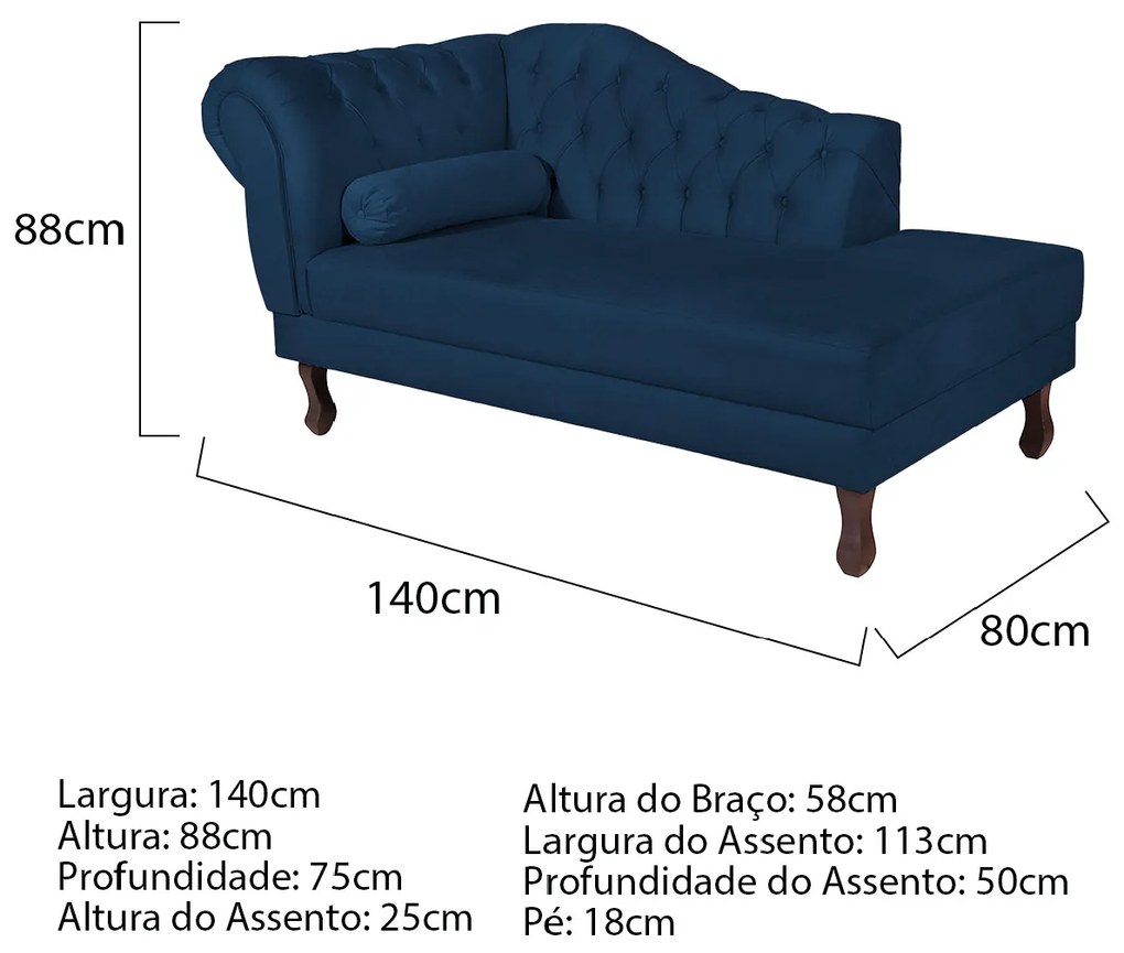 Recamier Diana 140cm Lado Direito Suede Azul Marinho - ADJ Decor