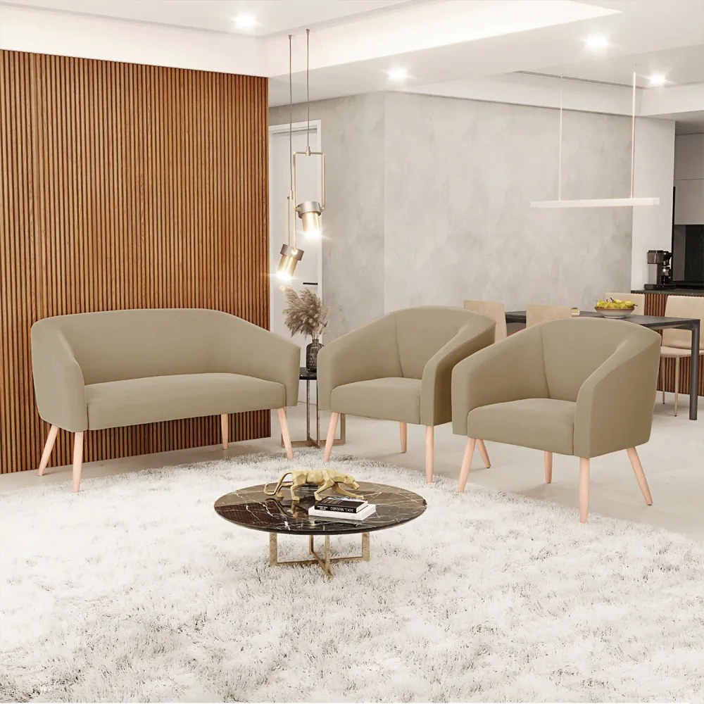 Namoradeira e 2 Poltronas Pé Palito Natural Stella Suede D03 - D'Rossi - Marrom Rato
