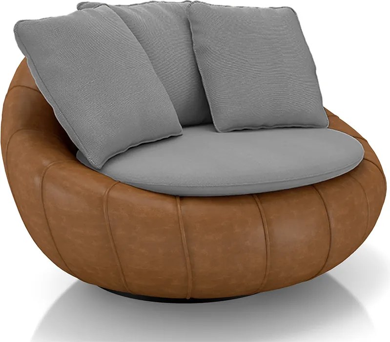 Poltrona Sala de Estar Afrodite com Almofadas Giratória Cinza Caramelo Manchado Linho/PU G45 - Gran Belo