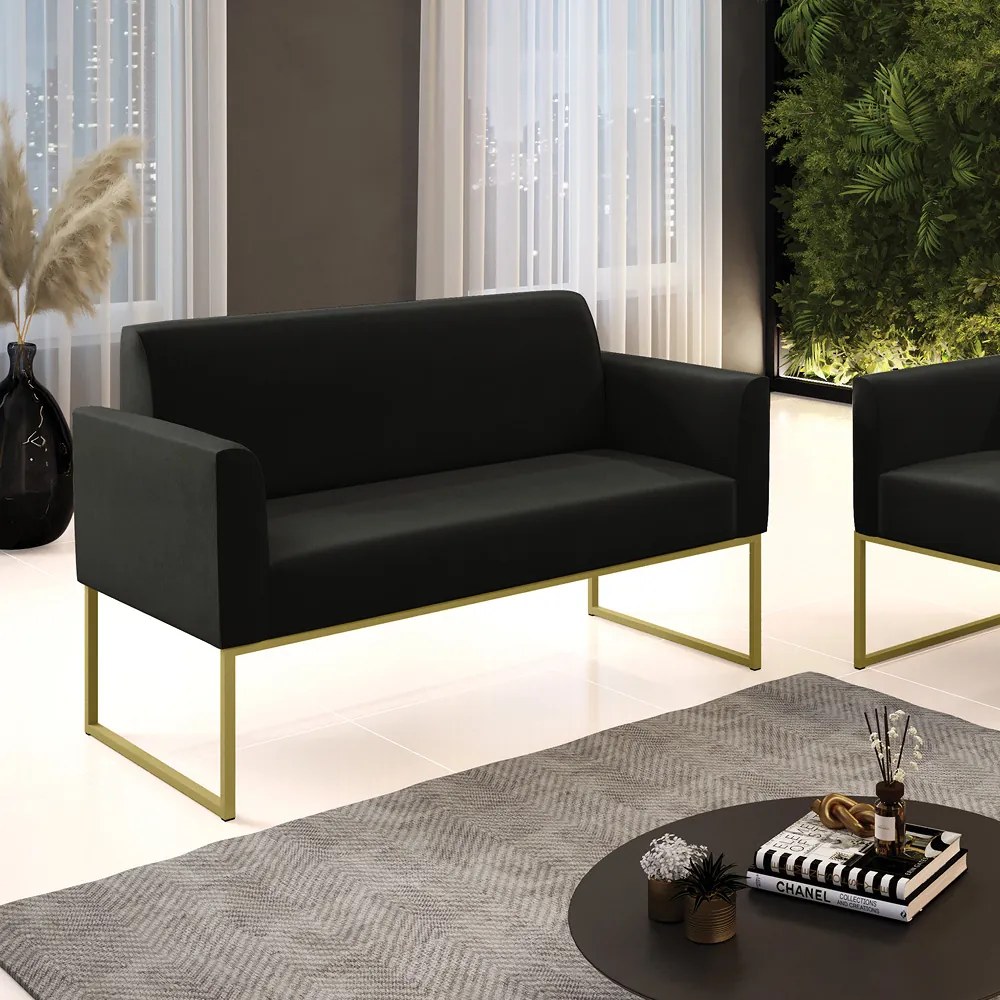 Sofá Namoradeira Base Industrial Dourado Marisa Suede Preto D03 - D'Rossi