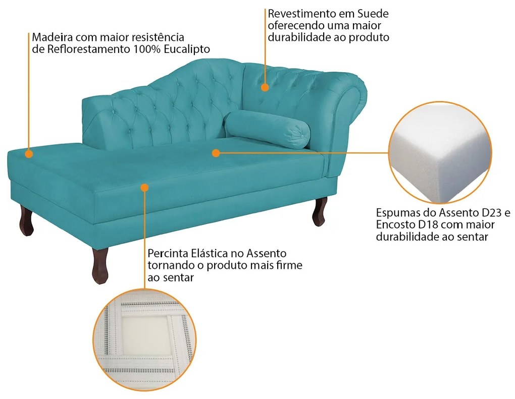 Recamier Diana 185cm Lado Esquerdo Suede Azul Turquesa - ADJ Decor