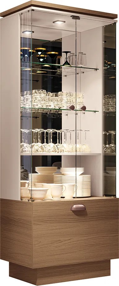 Cristaleira Decorativa Aura com LED Nicho Adega Portas de Vidro Castanho/Off White G26 - HB Móveis