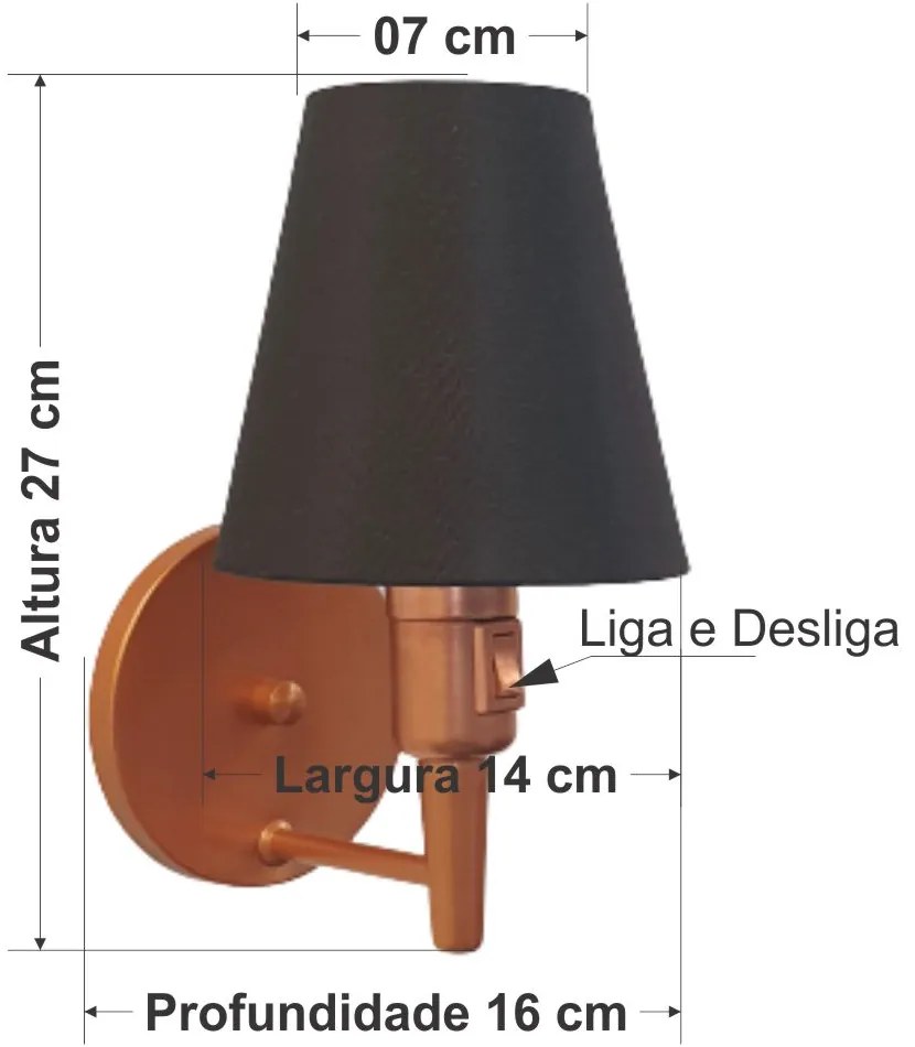 Arandela Cone Md-2013 Cobre c/ Liga e Desl Cúpula Tecido Preto - Bivolt