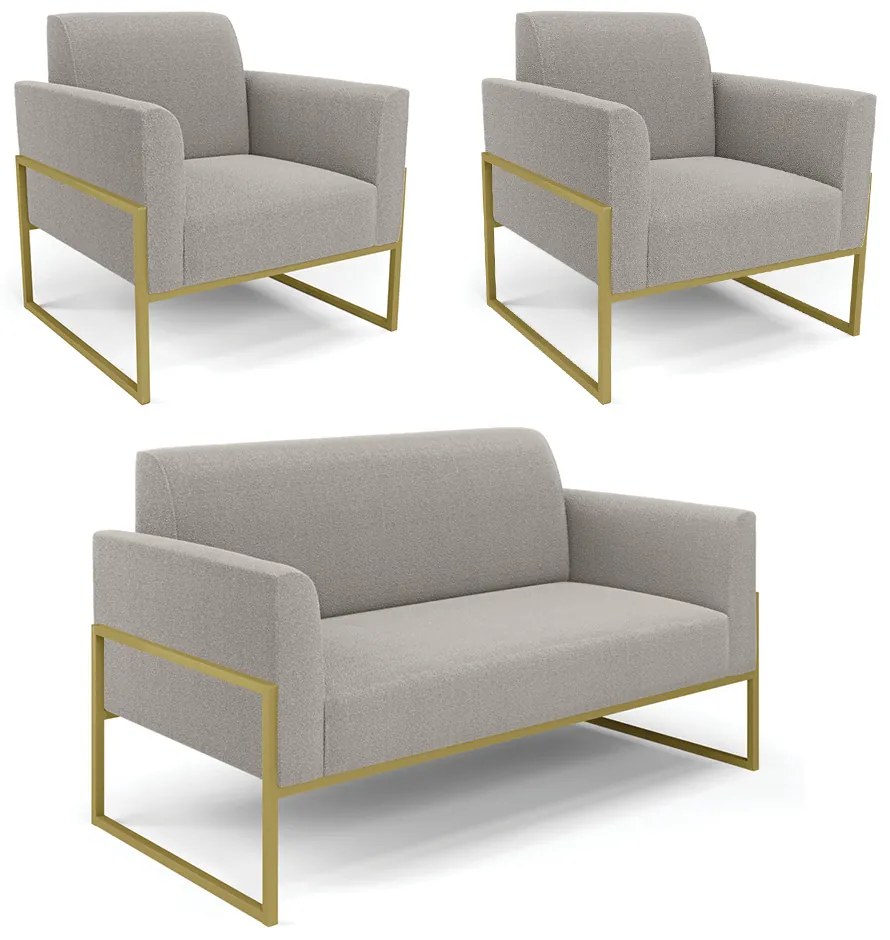 Namoradeira e 2 Poltronas Industrial Alta Dourado Marisa Bouclê Cinza