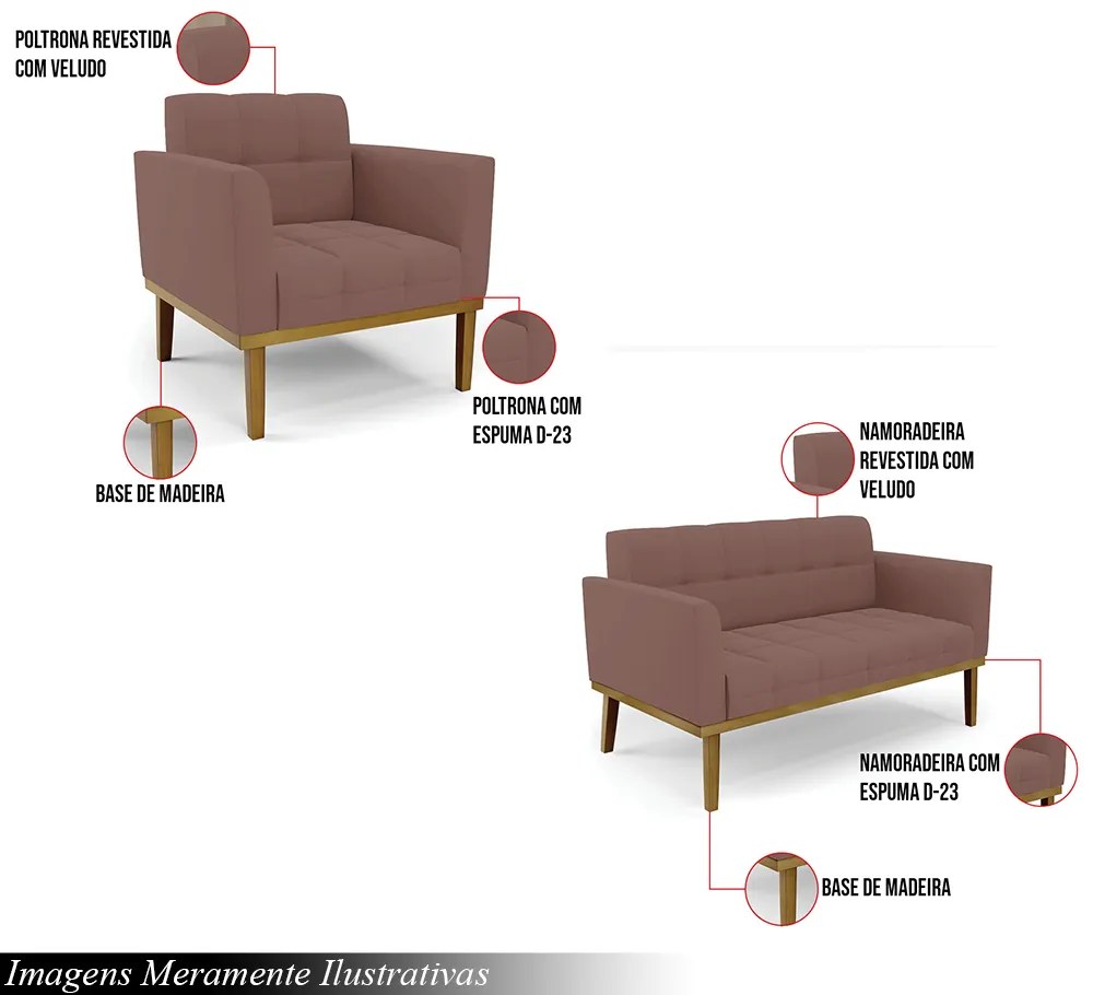 Conjunto Poltrona e Namoradeira Decorativas Karen Pés Fixo em Madeira Castanho Veludo Rose G19 - Gran Belo