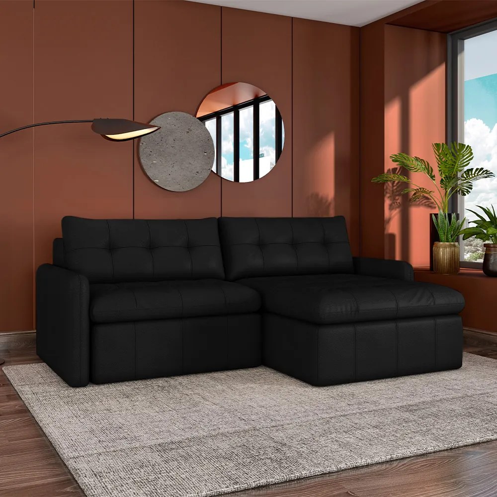 Sofá Retrátil Bipartido Sala de Estar Belém 204cm Couro Preto G52 - Gran Belo