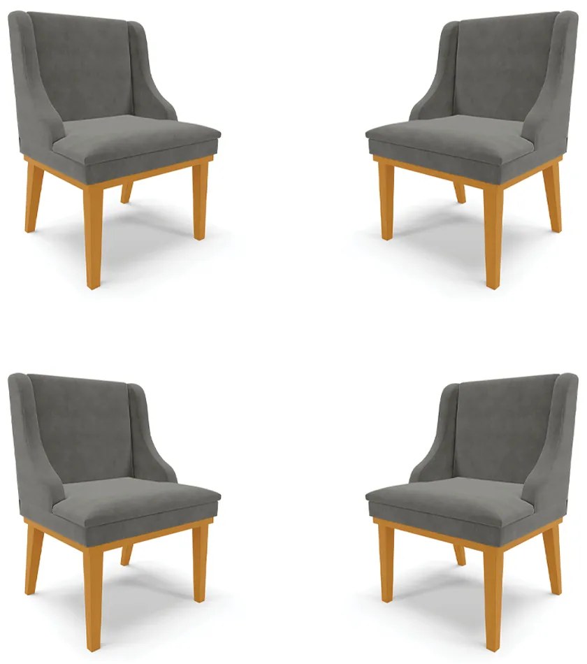 Kit 4 Cadeiras Decorativas Sala de Jantar Base Fixa de Madeira Firenze Suede Grafite/Castanho G19 - Gran Belo