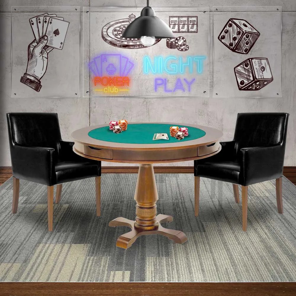 Mesa de Jogos Carteado Victoria Redonda Tampo Reversível Amêndoa com 2 Cadeiras Liverpool Corino Preto Liso G36 G15 - Gran Belo