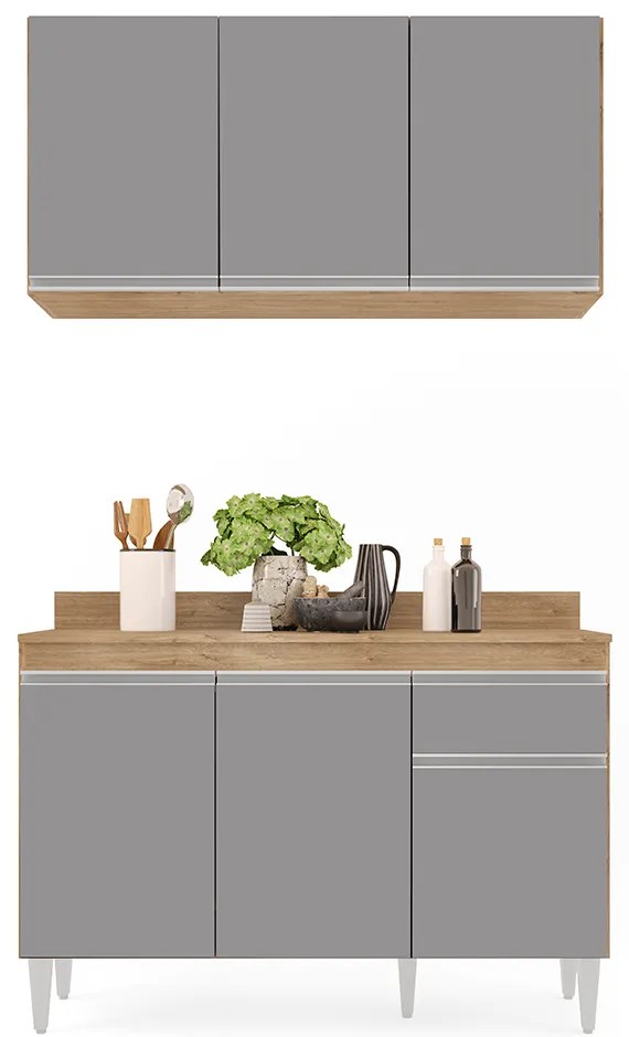 Kit Armário Aéreo e Balcão de Cozinha Lavanderia Lucy com Tampo 120cm L06 - D'Rossi - Castanho e Cinza