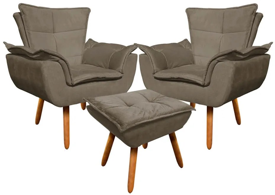 02 Poltronas e 01 Puff Pé Palito de Madeira Opala Suede D03 - D'Rossi - Marrom Rato