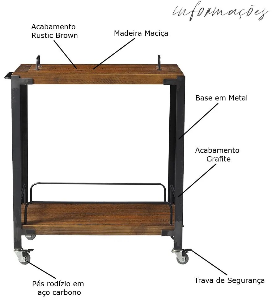 Carrinho Churrasco Mesa de Servir Multiuso Gourmet Churrasqueira Albury Grafite Madeira Maciça Rustic Brown G54 - Gran Belo