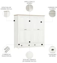 Guarda Roupa Casal 176cm 4 Portas 2 Gavetas Lázio Branco/Freijó F07 -