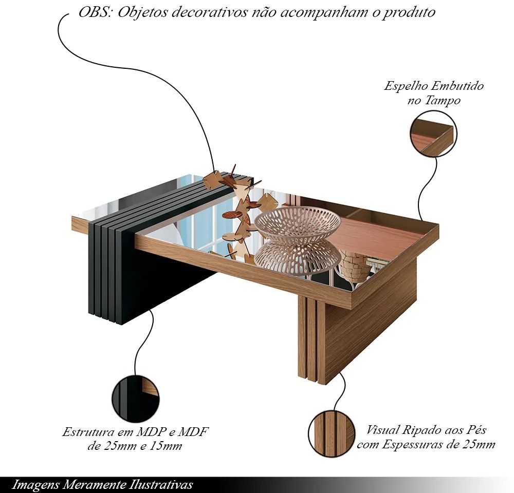 Mesa de Centro com Espelho Riad Decorativa Sala de Estar Freijó/Preto  G26 - Gran Belo