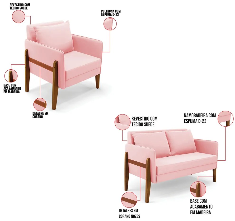 Kit 1 Sofá Namoradeira e 1 Poltrona Lana Suede Base de Madeira D03 - D'Rossi - Rosa Bebê