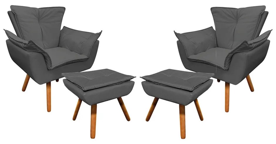 02 Poltronas e 02 Puffs Pé Palito de Madeira Opala Corino D03 - D'Rossi - Grafite