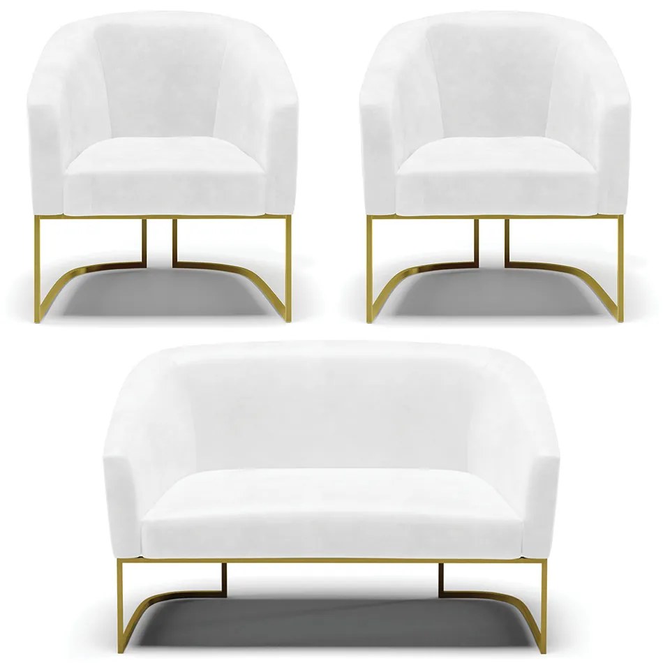 Namoradeira e 2 Poltronas Industrial Dourado Stella Sintético PU D03 - D'Rossi - Branco