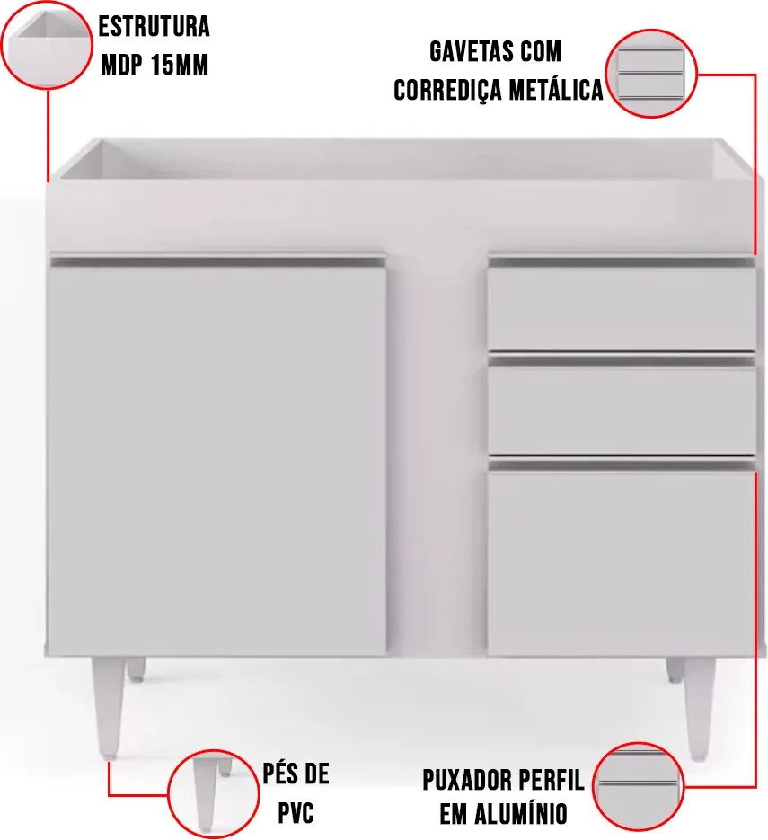 Balcão de Cozinha Lavanderia sem Tampo 02 Gavetas Bia 100 cm L06 - D'Rossi - Branco