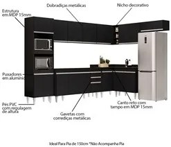Armário de Cozinha Modulada de Canto 8 Peças CP07 Balcão Preto - Lumil