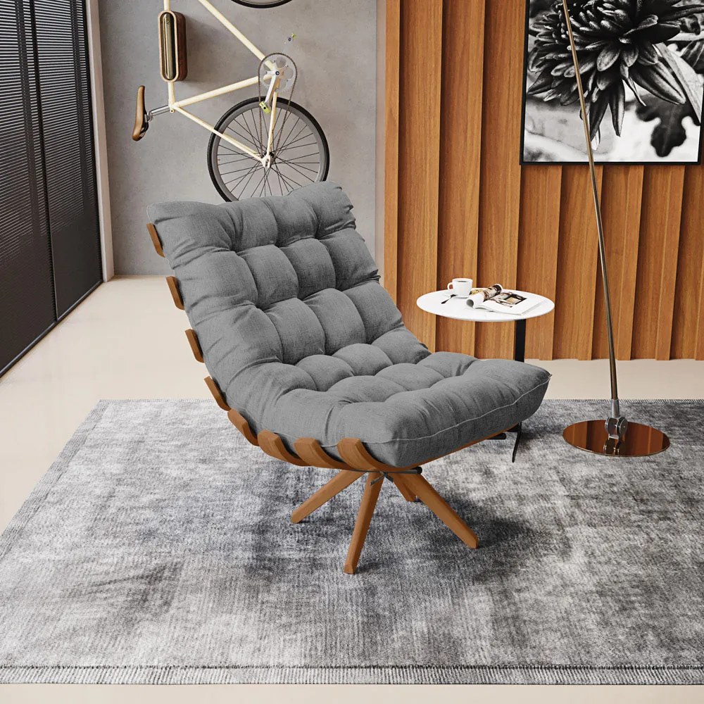 Poltrona Giratória Costela Linho Base de Madeira MA30 M11 - D'Rossi - A19 Bege