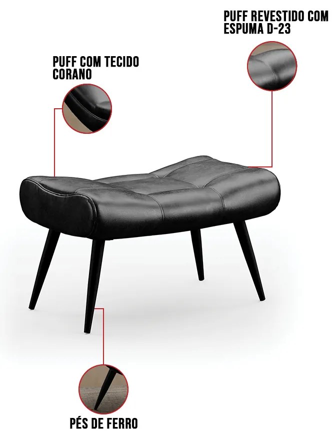 Poltrona Sala Decorativa e 01 Puff Sher Pé Palito Ferro Sintético PU D03 - D'Rossi - Preto