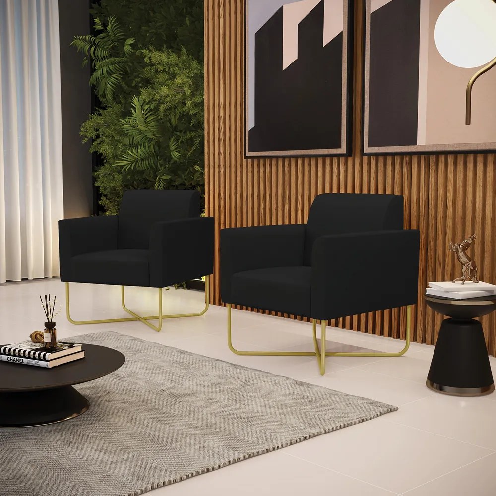 Kit 2 Poltronas Base X Industrial Dourado Marisa Linho - A79 Preto