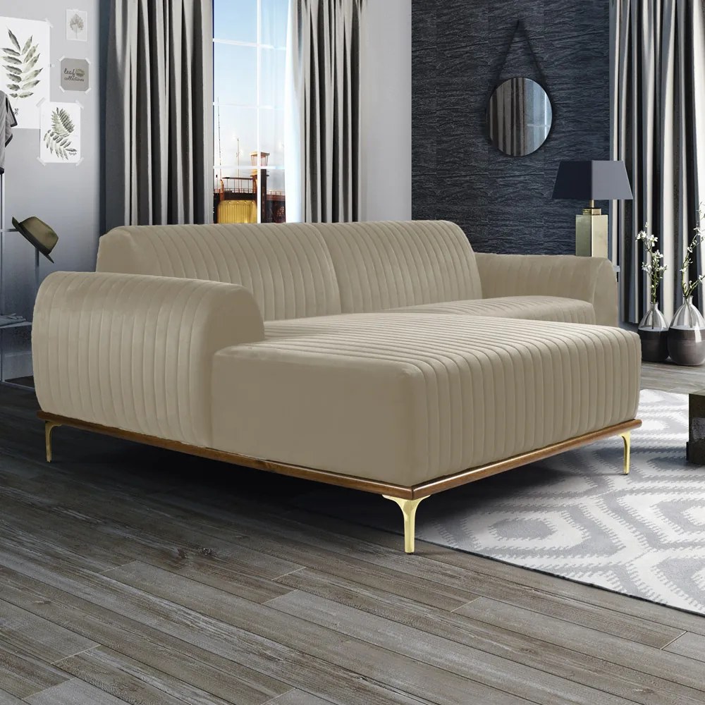 Sofá 3 Lugares Lisboa D07 com Chaise Esquerda 230cm Veludo Creme - D'Rossi