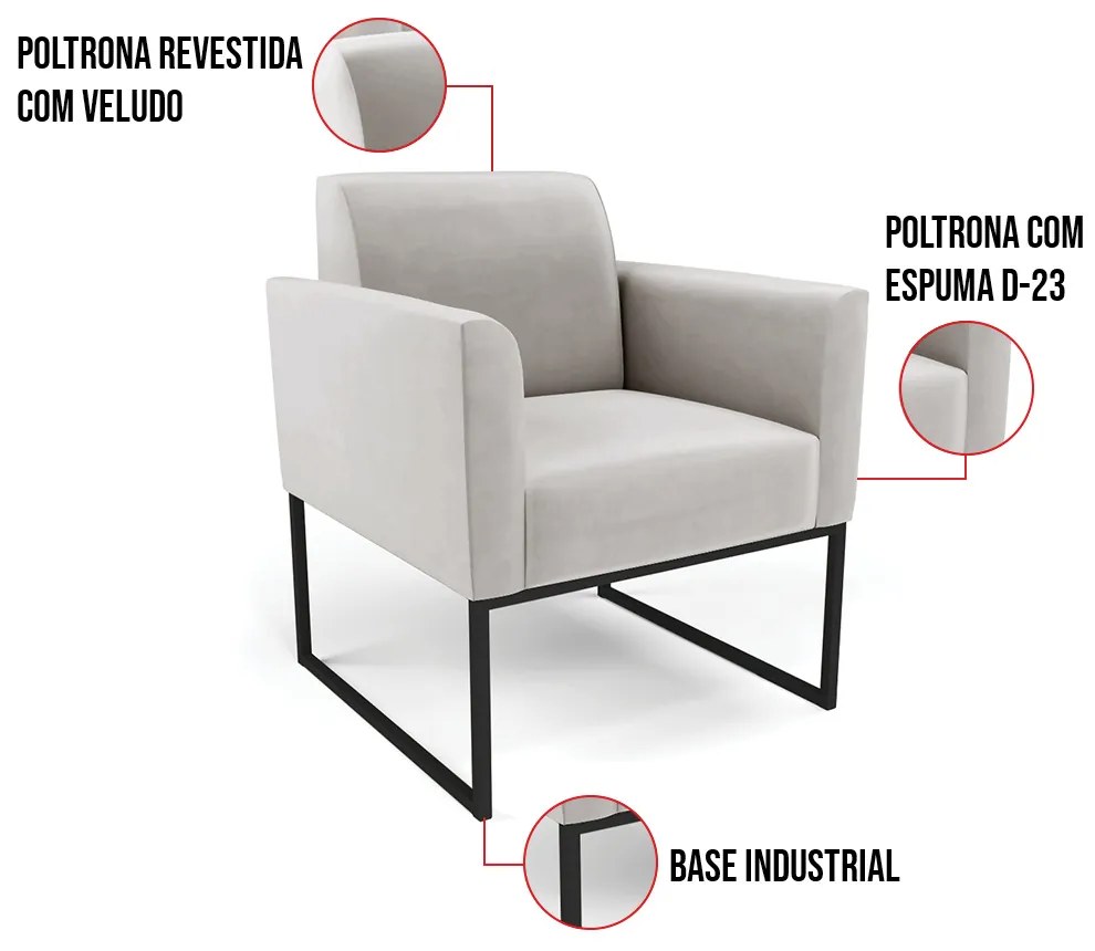 Kit 2 Poltronas Base Industrial Preto Marisa Veludo - Cinza