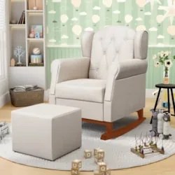 Poltrona Amamentação Base Madeira Balanço e Puff Lucy Z39 Suede Bege -